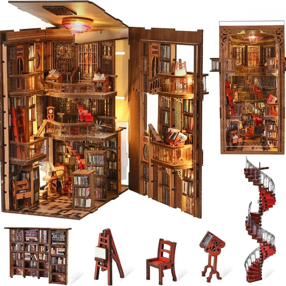 Book Nook Kit, DIY Miniature Dollhouse Booknook Kit, 3D Wooden Puzzle Bookend Bo